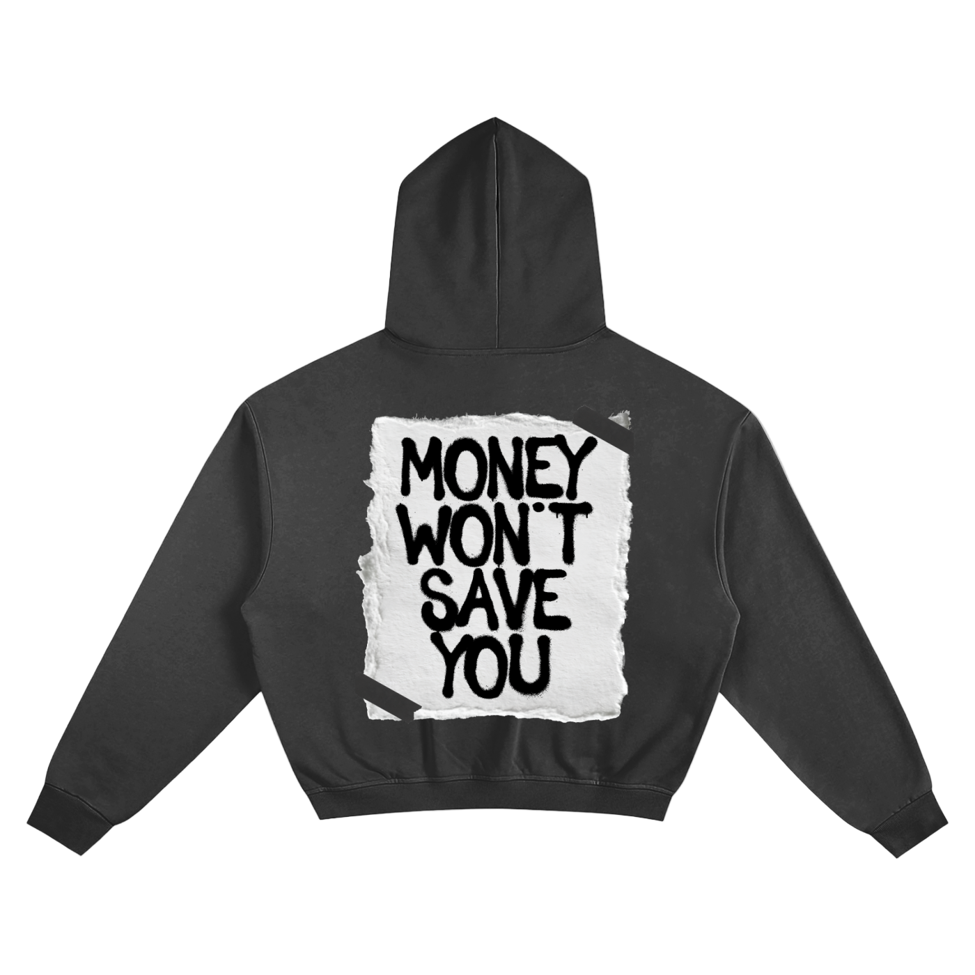 Black hoodie with 'Money Won't Save You' text on the back against a white background