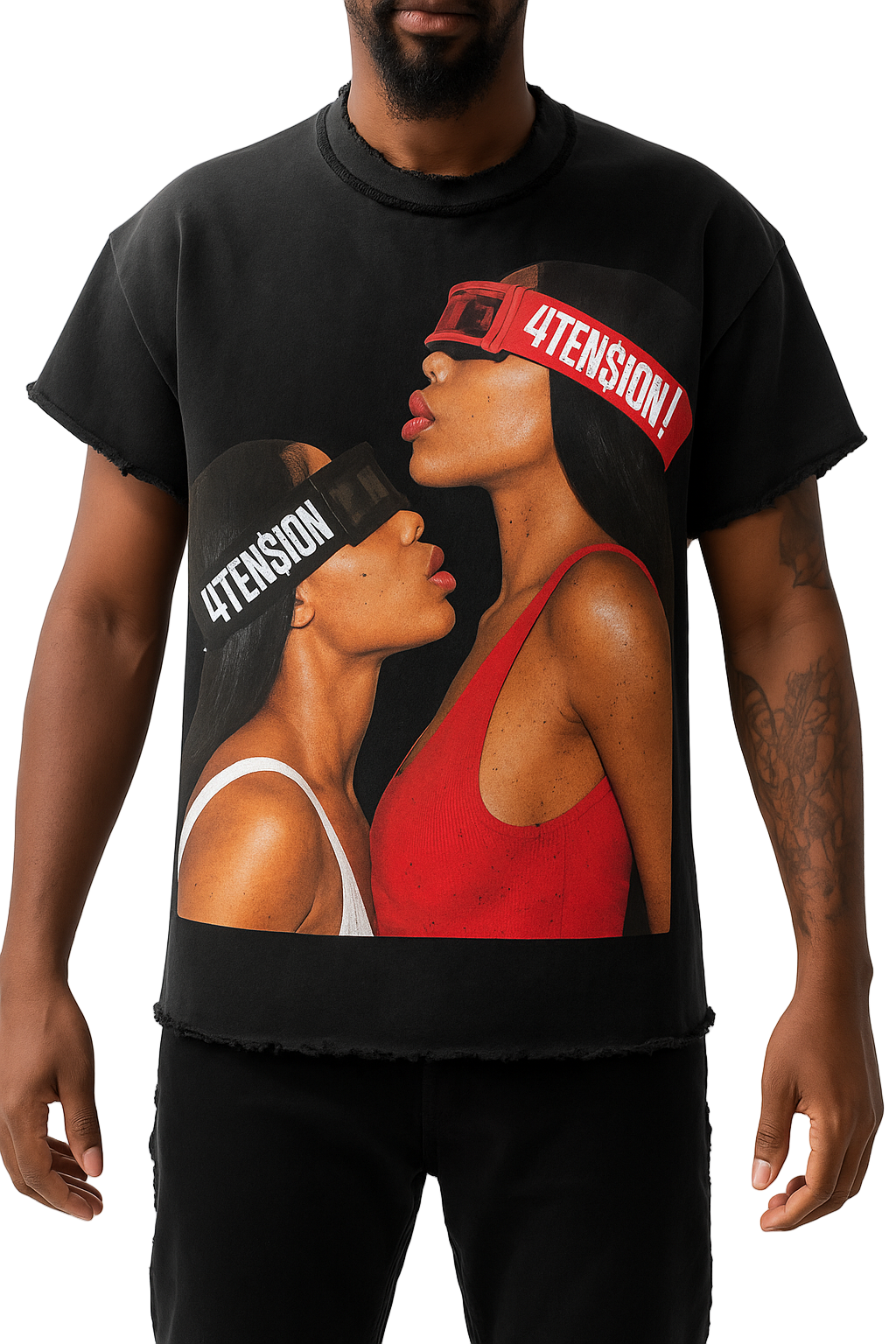 Person wearing a black t-shirt with graphic design of two people and '4TENSION!' text.