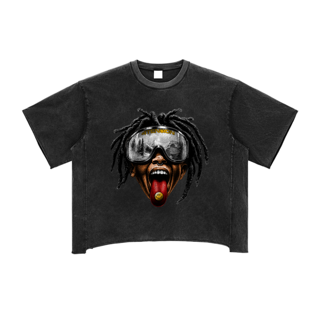Black t-shirt with a graphic design of a person with dreadlocks and goggles on a white background