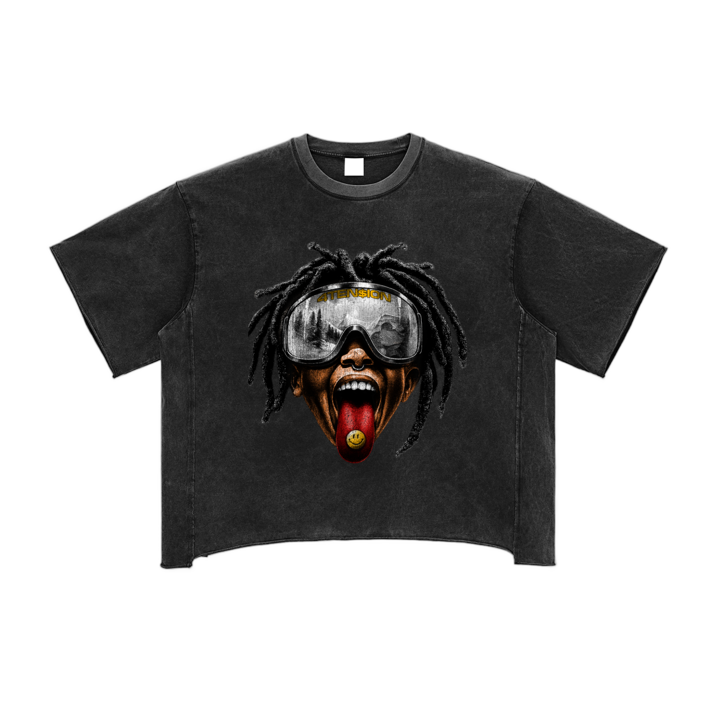 Black t-shirt with a graphic design of a person with dreadlocks and goggles on a white background