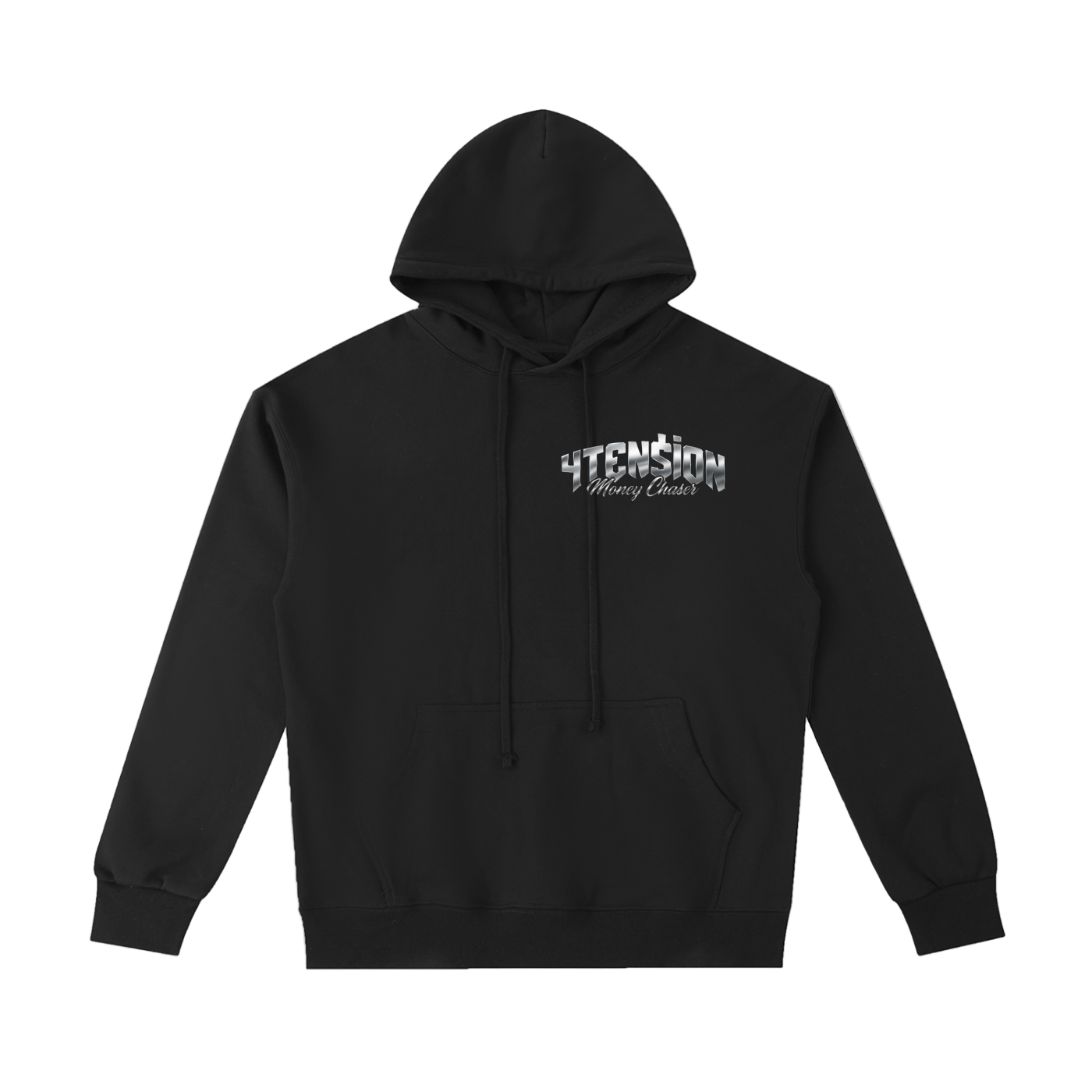 Black hoodie with a brand logo on a white background