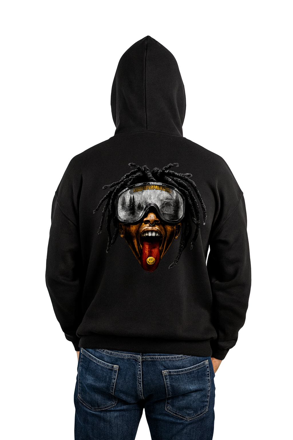 Black hoodie with a graphic design on the back, worn by a person against a white background