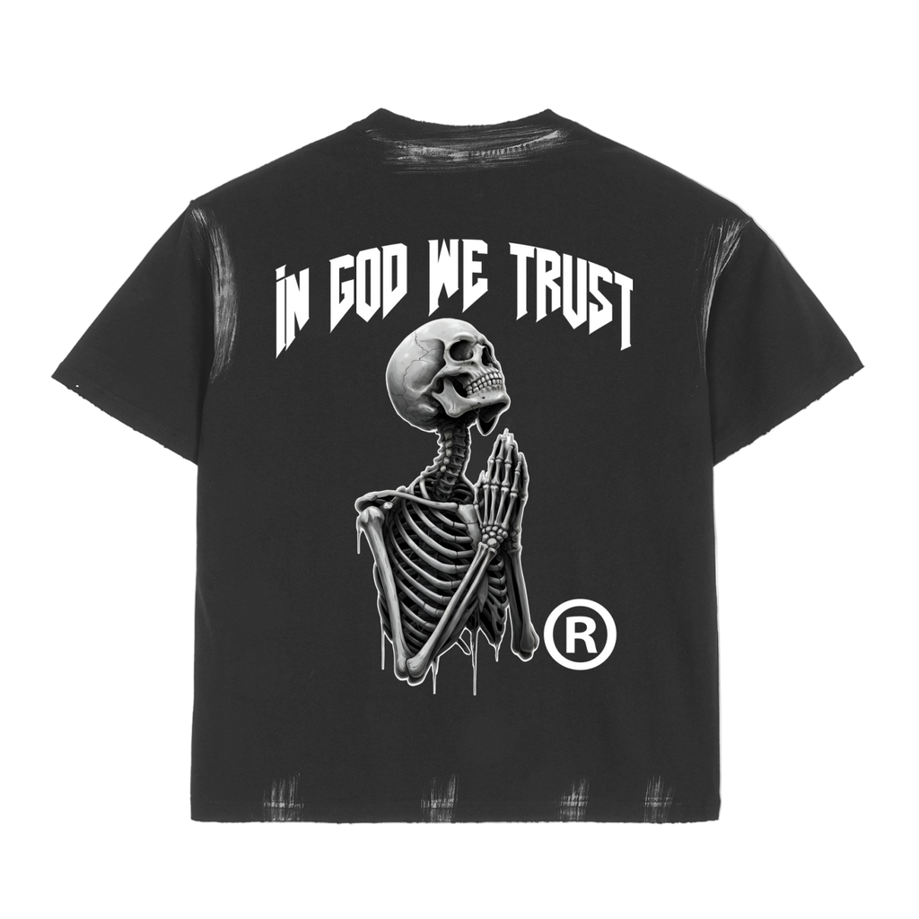 Black t-shirt with skeleton graphic and 'In God We Trust' text on a white background