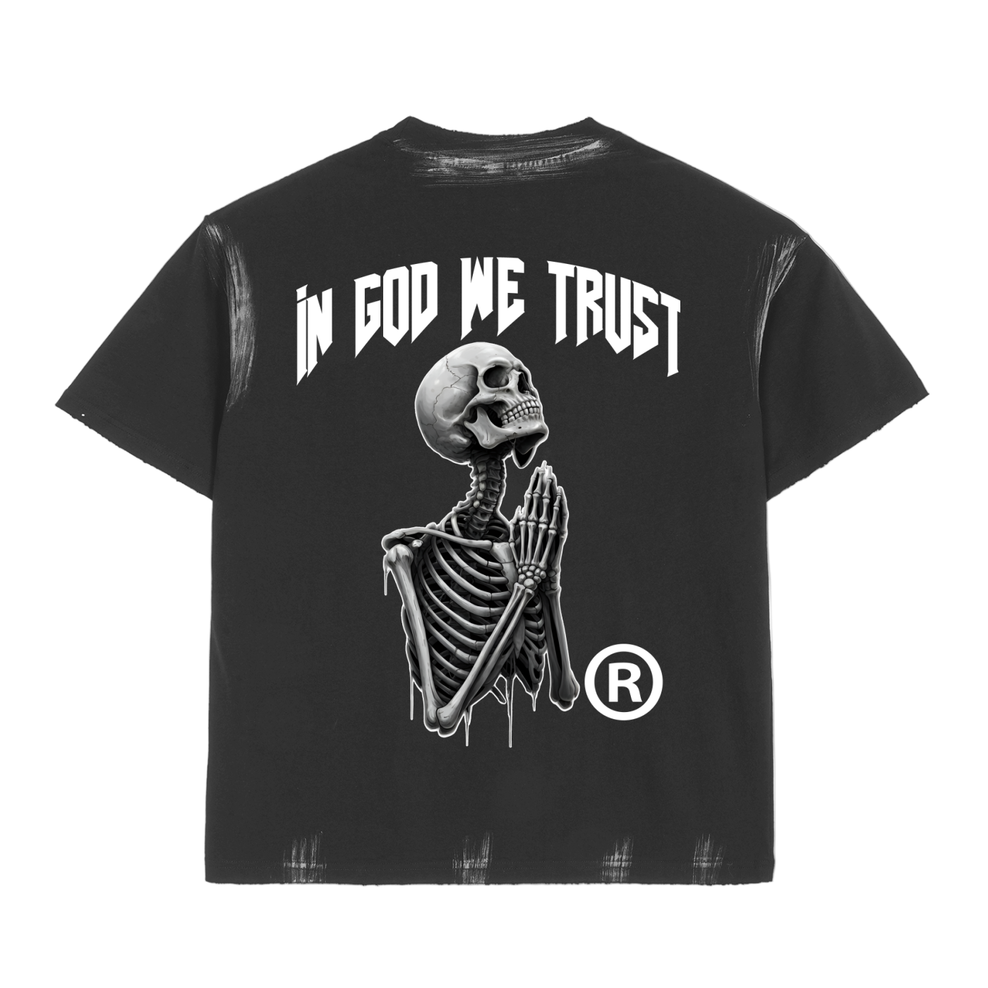 Black t-shirt with skeleton graphic and 'In God We Trust' text on a white background
