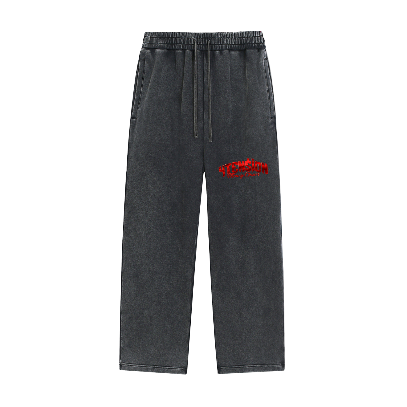 Dark gray pants with a red logo on a white background