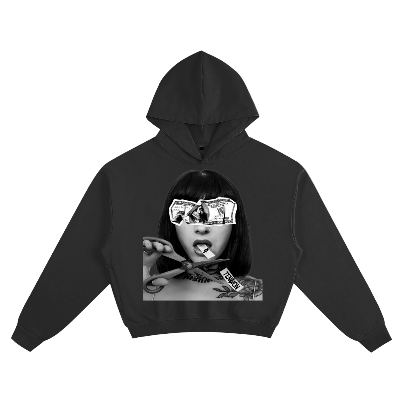 Black hoodie with graphic design on a white background