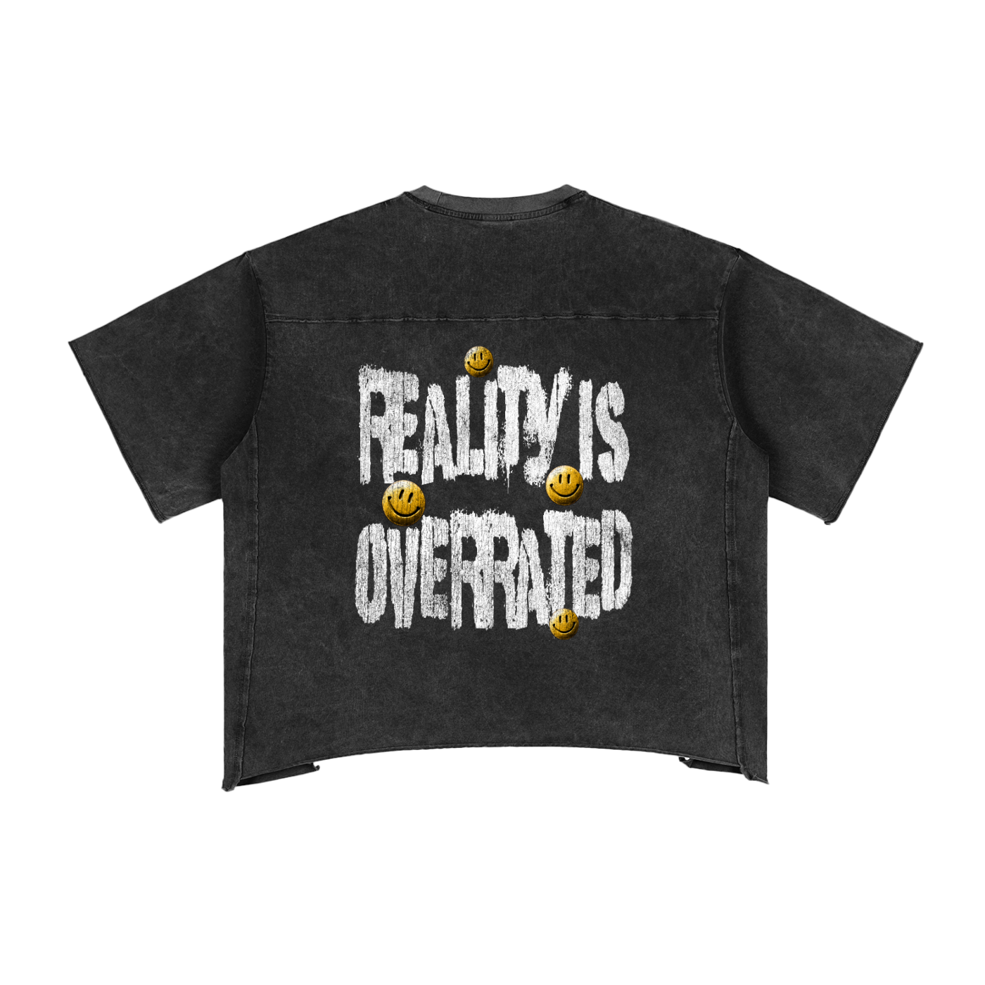 Black t-shirt with 'Reality is overrated' text and smiley faces on a white background
