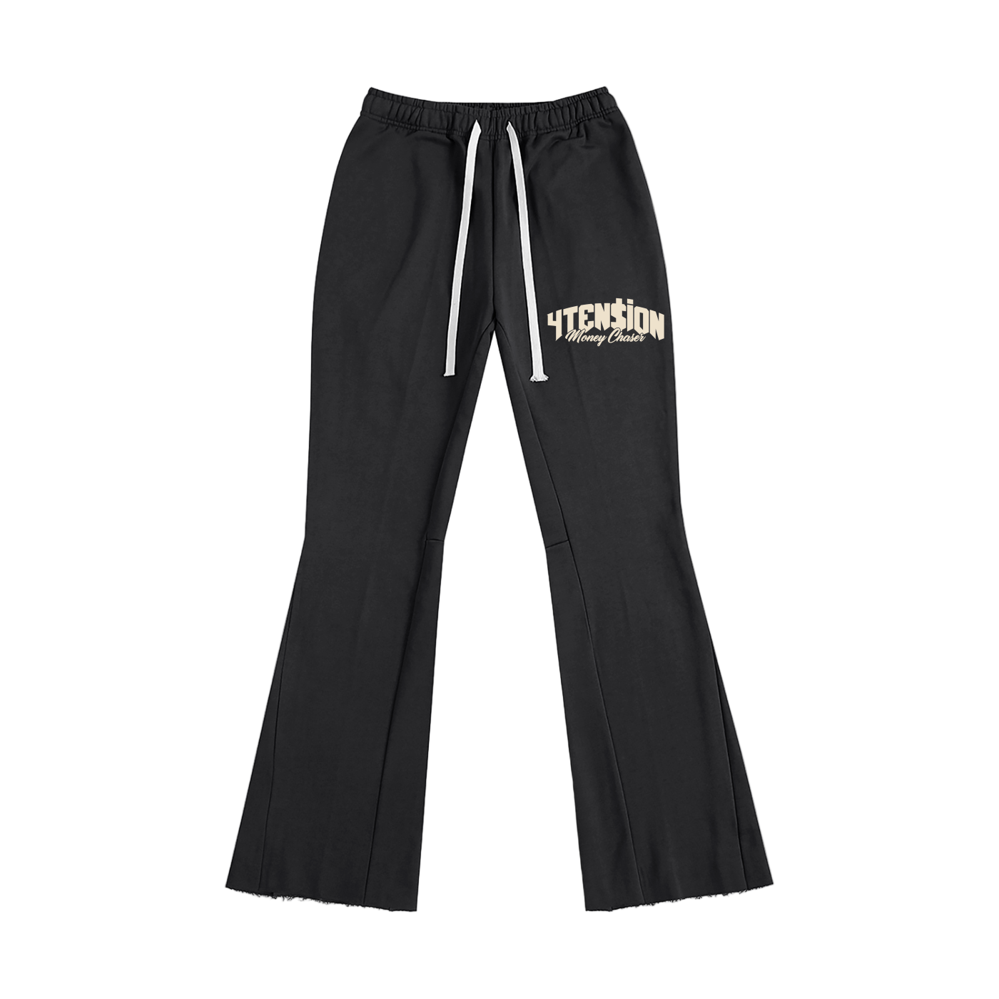 Black flared pants with white drawstring and 'TENSION' logo on a white background